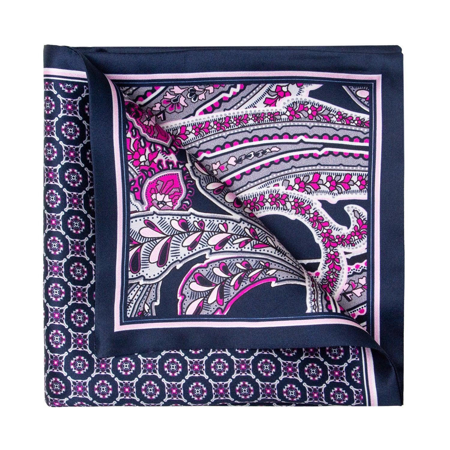 PAÑUELO DE SEDA CON GEOMETRÍAS DE CUADROS Y CÍRCULOS EN AZUL Y MORADO