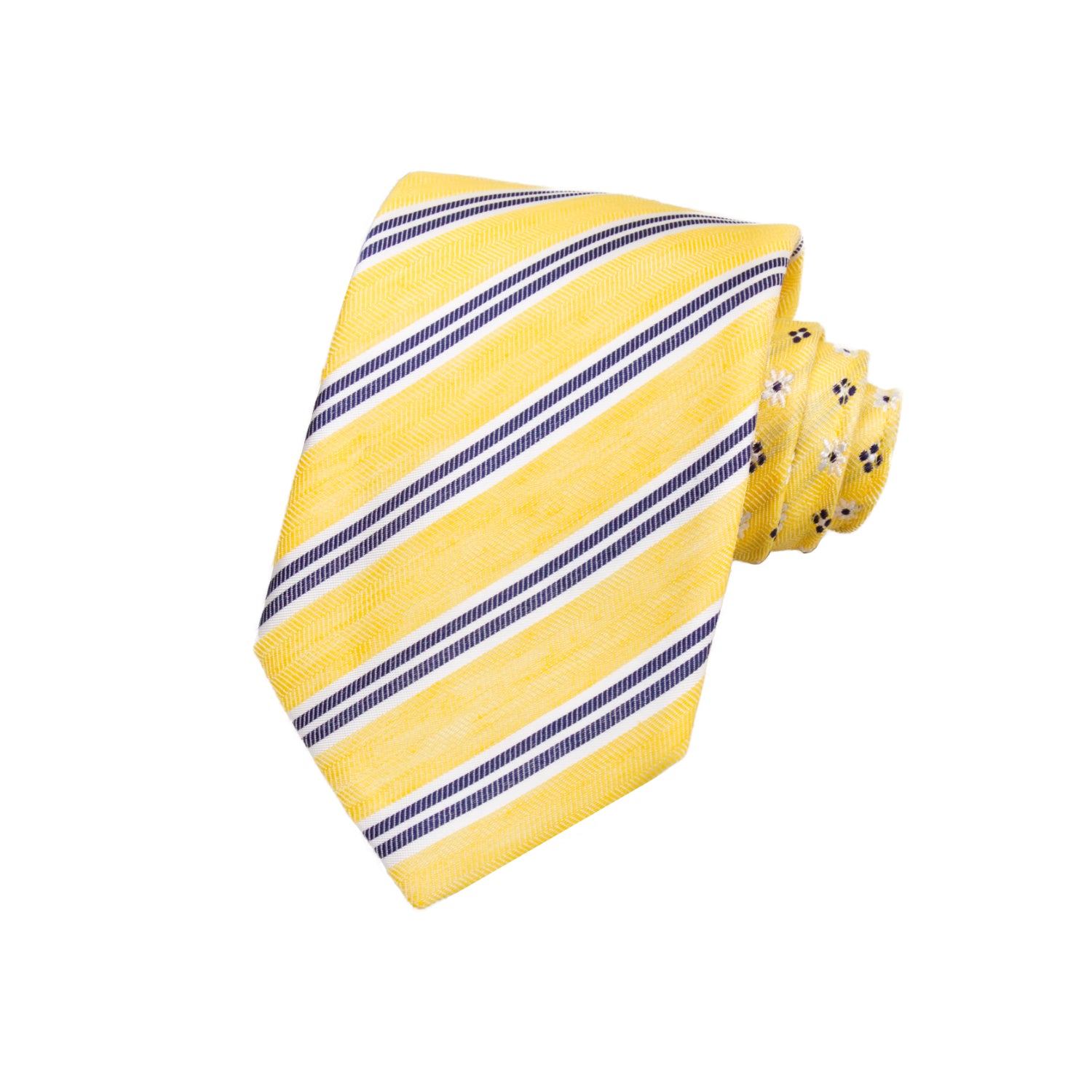 CORBATA DOBLE VISTA EN SEDA Y LINO CON RAYAS AZULES EN COLOR AMARILLO