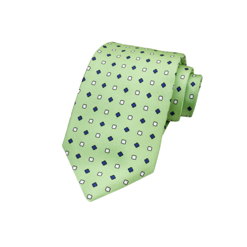 CORBATA 7 PLIEGUES EN SEDA CON PUNTOS BLANCOS Y VERDES EN VERDE CLARO