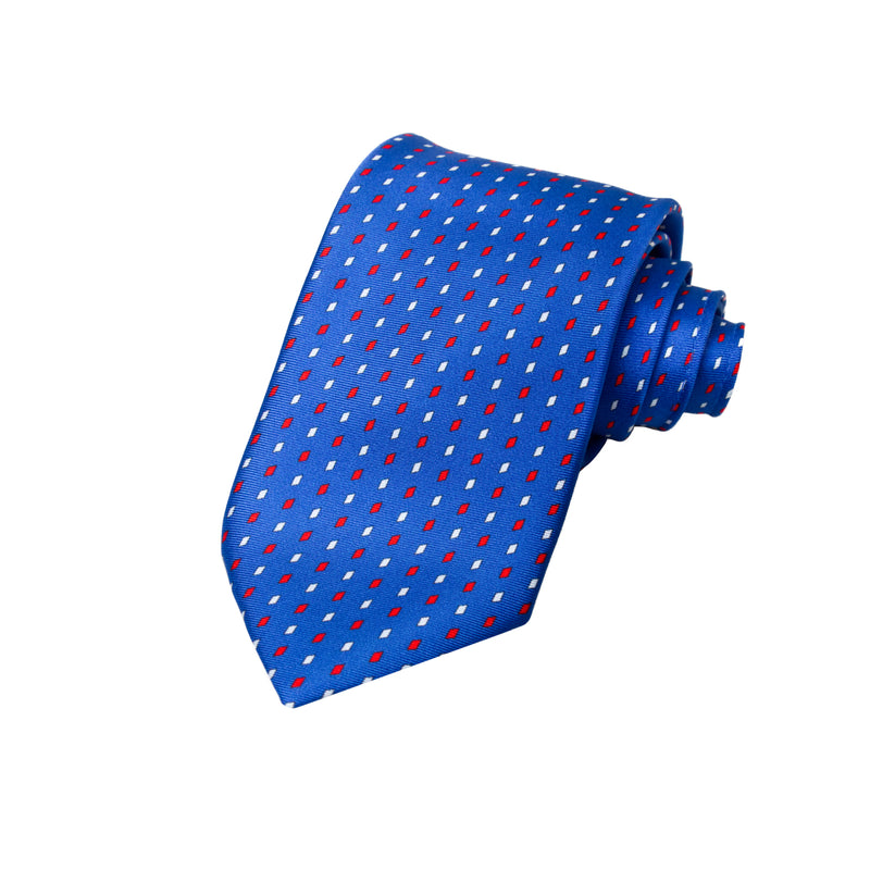 CAJA DE SEDA SET CORBATA CON PAÑUELO DE SEDA CON PUNTOS BLANCOS Y ROJOS EN AZUL