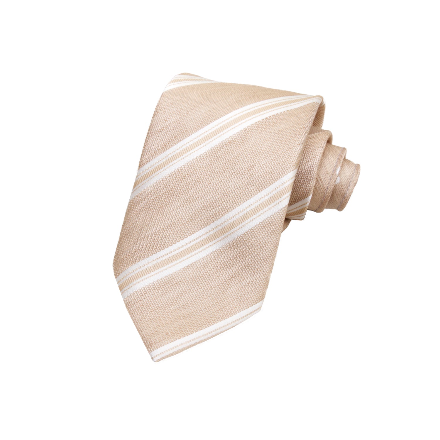 CORBATA DOBLE VISTA EN SEDA Y LINO CON RAYAS BLANCAS EN COLOR BEIGE