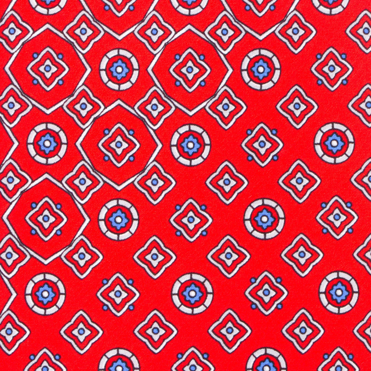 CORBATA EN SET CON PAÑUELO DE SEDA CON DIBUJOS GEOMÉTRICOS DE GRIS Y ROJO