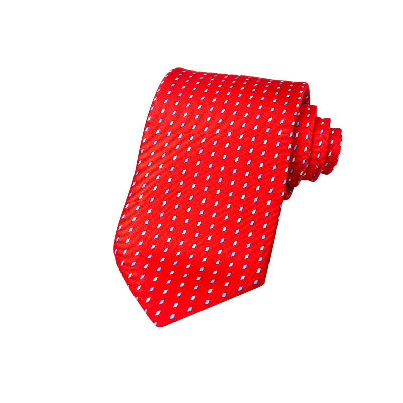 CAJA DE SEDA SET CORBATA CON PAÑUELO DE SEDA CON PUNTOS BLANCOS Y AZUL CLARO EN ROJO