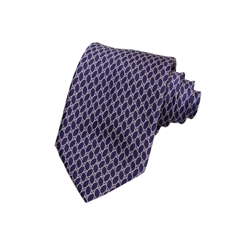 CAJA DE SEDA SET CORBATA CON PAÑUELO DE SEDA CON OVALES EN COLOR AZUL MARINO Y GRIS