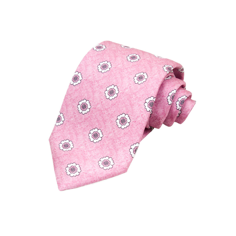 CORBATA 7 PLIEGUES EN SEDA DISEÑO LINO CON FLORES BLANCAS Y ROSAS EN COLOR ROSA