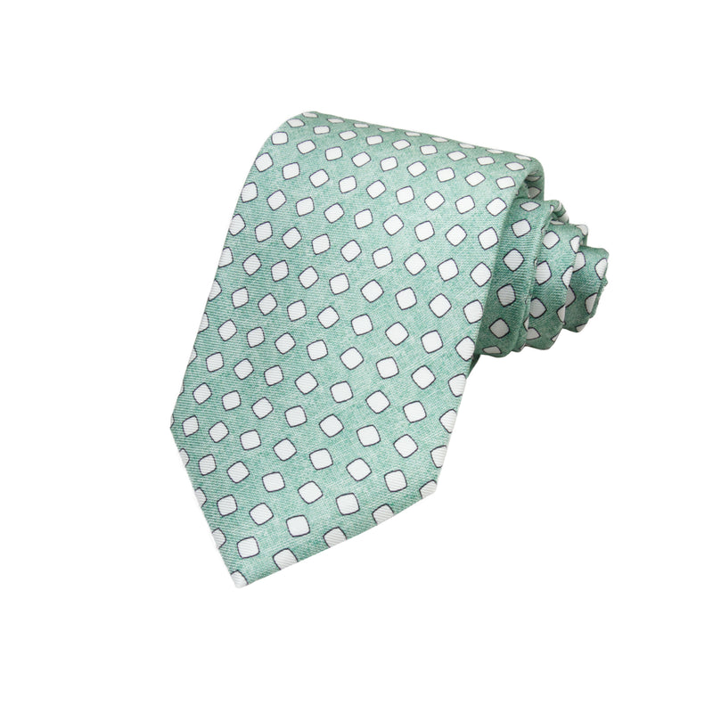 CORBATA 7 PLIEGUES EN SEDA DISEÑO LINO CON CUADROS BLANCOS EN VERDE