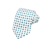 CORBATA 7 PLIEGUES EN SEDA WOOVEN CON CUADROS Y PUNTOS VERDES EN BLANCO