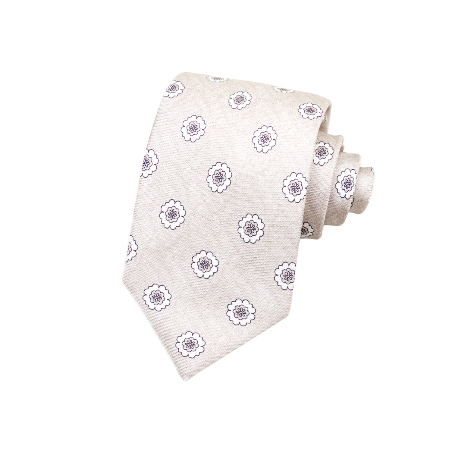 CORBATA 7 PLIEGUES EN SEDA DISEÑO LINO CON FLORES BLANCAS Y MARRONES EN MARRÓN CLARO