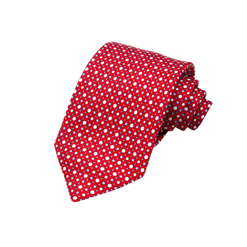 CORBATA 7 PLIEGUES EN SEDA CON LINEAS AZULES Y PUNTOS BLANCOS EN ROJO