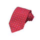 CORBATA 7 PLIEGUES EN SEDA CON LINEAS AZULES Y PUNTOS BLANCOS EN ROJO