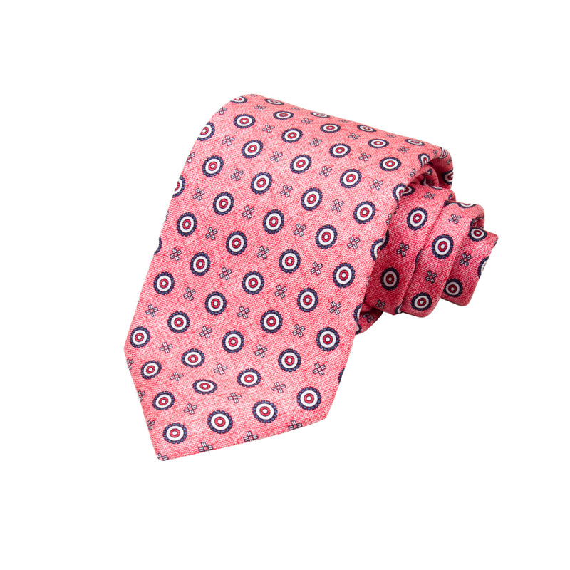 CORBATA 7 PLIEGUES EN SEDA DISEÑO LINO CON TONDOS EN ROJO, BLANCO Y AZUL EN ROSA