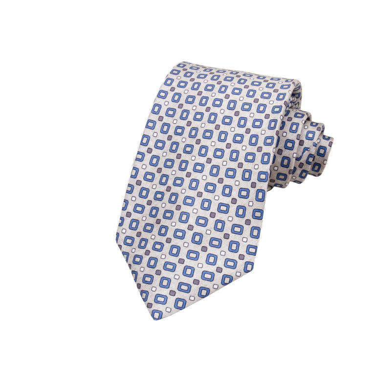CORBATA 7 PLIEGUES EN SEDA EN DISEÑO LINO CON CUADROS AZULES Y BLANCOS EN GRIS