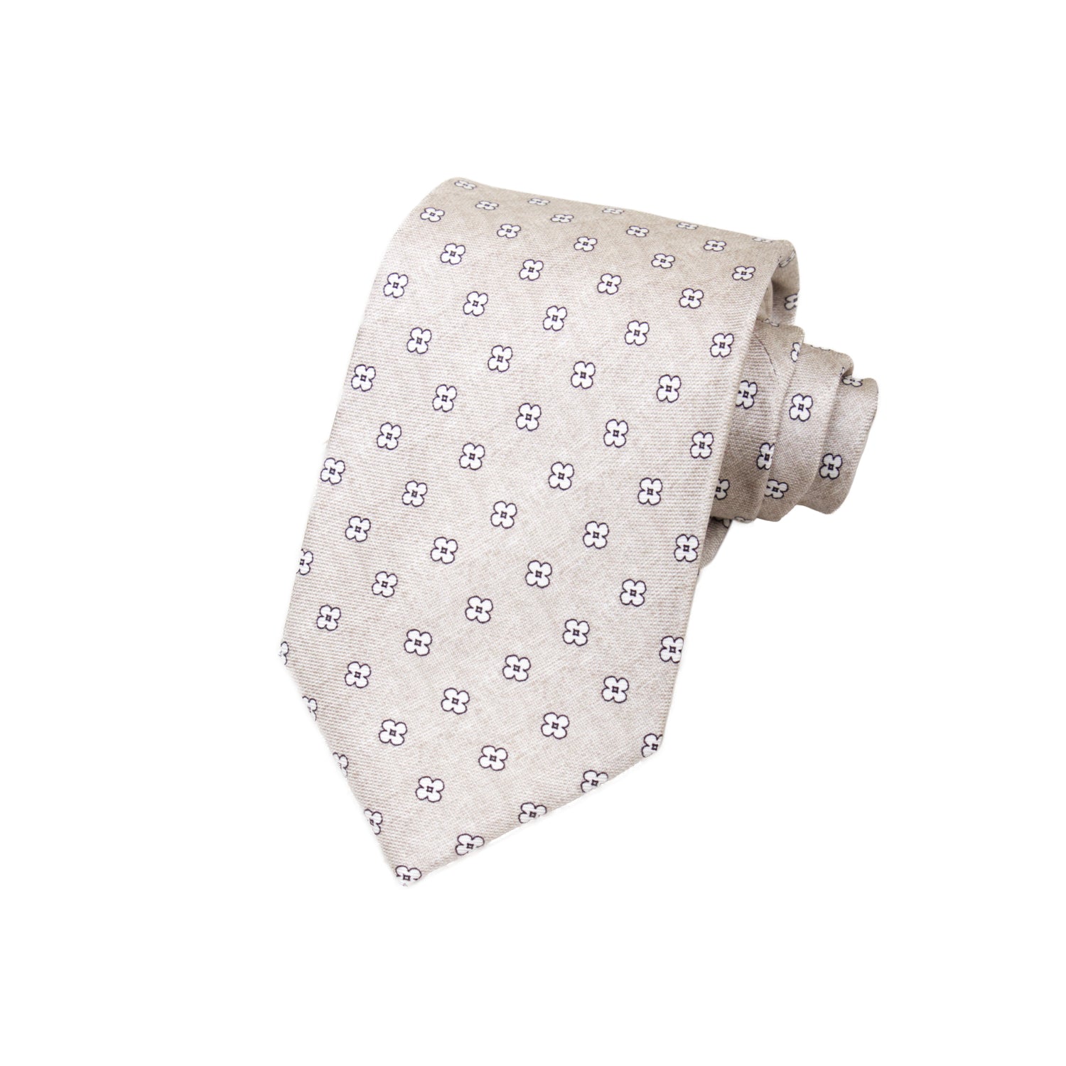 CORBATA 7 PLIEGUES EN SEDA DISEÑO LINO CON FLORES BLANCAS EN MARRÓN CLARO