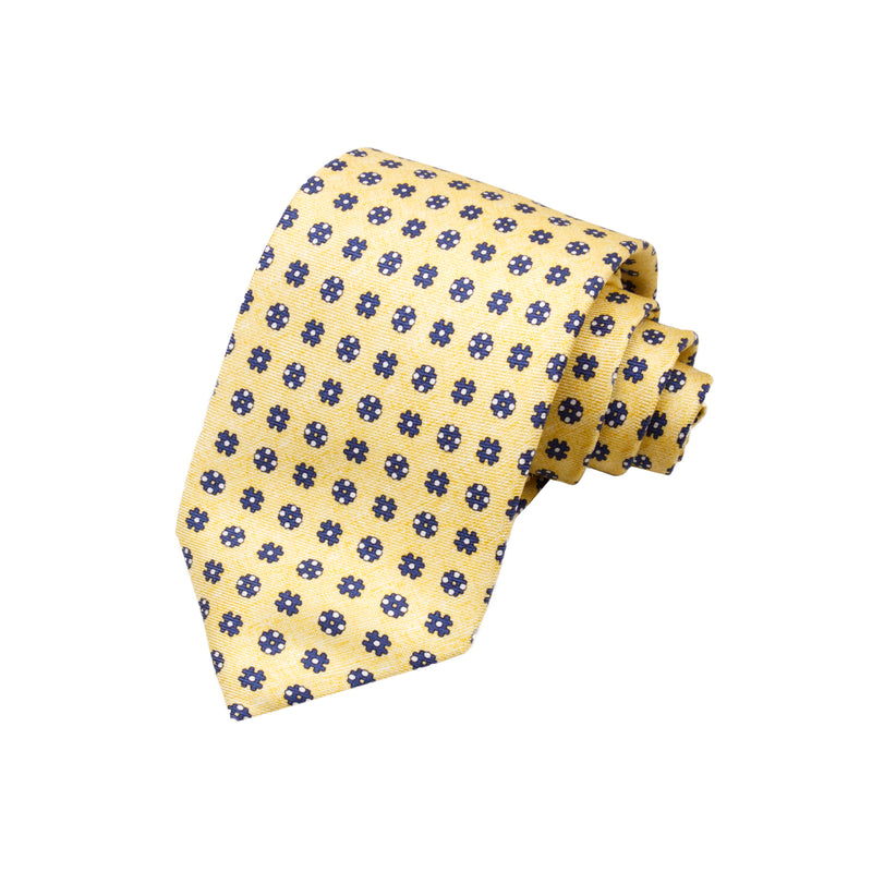 CORBATA 7 PLIEGUES EN SEDA EN DISEÑO LINO CON TONDOS AZUL MEDIANOCHE EN AMARILLO