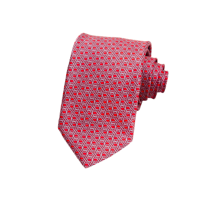 CAJA DE SEDA SET CORBATA CON PAÑUELO DE SEDA CON MICROTRIÁNGULOS BLANCOS EN ROJO