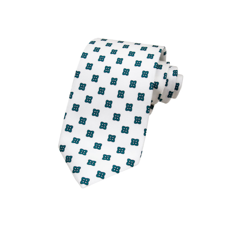 CORBATA 7 PLIEGUES EN SEDA WOOVEN CON CUADROS A CRUZ VERDES EN BLANCO