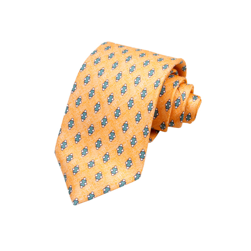 CORBATA 7 PLIEGUES EN SEDA CON TONDOS VERDES Y PUNTOS BLANCOS EN NARANJA
