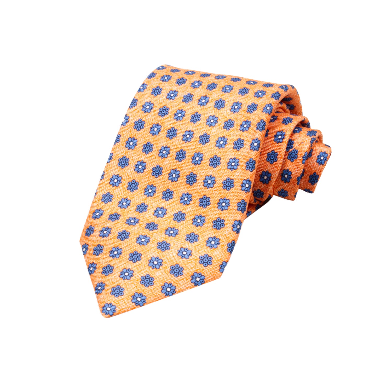 CORBATA 7 PLIEGUES EN SEDA CON DISEÑO LINO CON FLORES AZUL MEDIANOCHE EN NARANJA OBSCURO