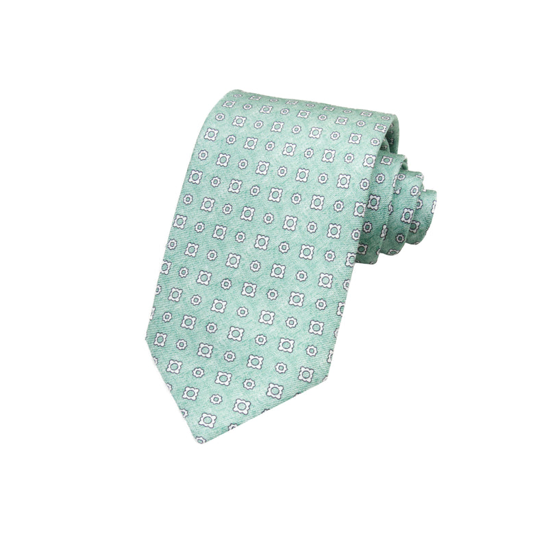 CORBATA 7 PLIEGUES EN SEDA DISEÑO LINO CON CUADROS Y PUNTOS BLANCOS EN VERDE