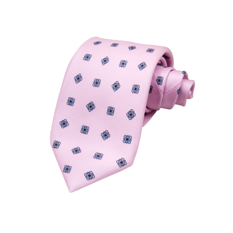 CORBATA 7 PLIEGUES EN SEDA CON FLORES AZULES EN ROSA