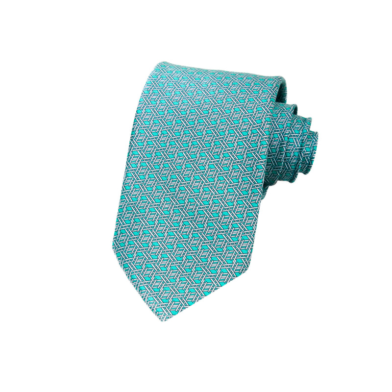 CAJA DE SEDA SET CORBATA CON PAÑUELO DE SEDA CON MICROTRIÁNGULOS BLANCOS EN COLOR VERDE