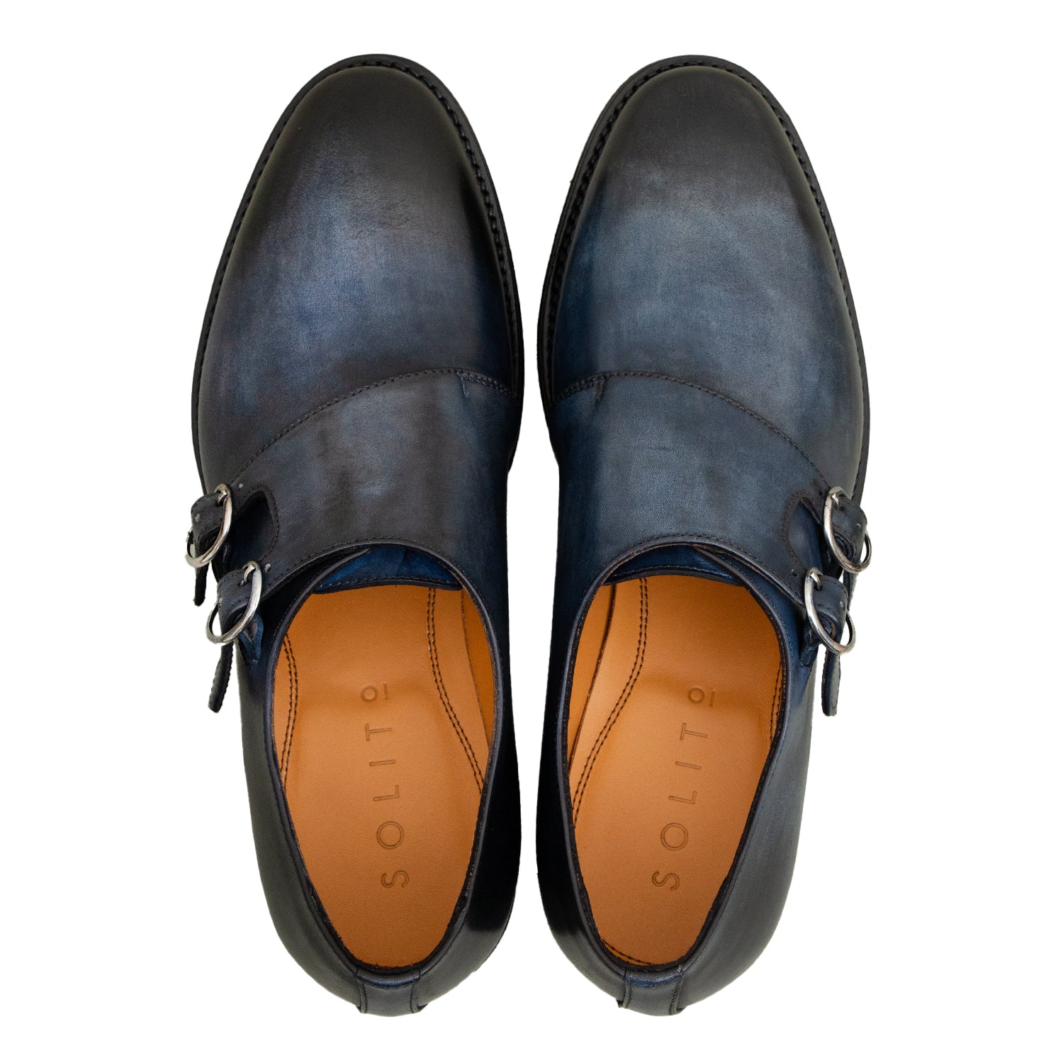 ZAPATO DOUBLE MONK ESTILO "BROGUE" EN CUERO CON PATINA A MANO EN COLOR AZUL