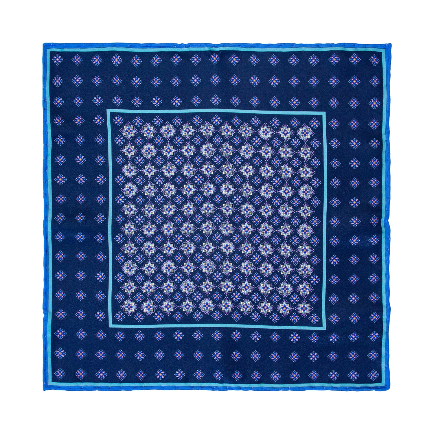 CORBATA EN SET CON PAÑUELO DE SEDA CON DISEÑOS DE CUADROS Y ESTRELLAS LILA, AZUL MARINO Y AZUL CIELO