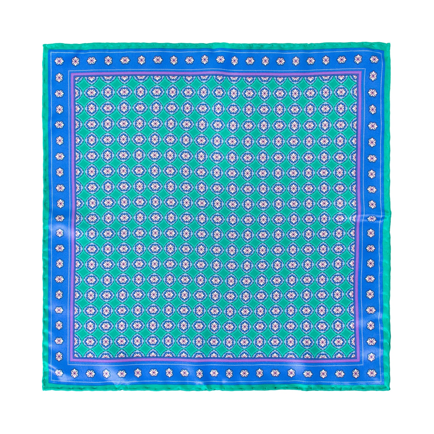 CORBATA EN SET CON PAÑUELO DE SEDA CON DIBUJOS GEOMÉTRICOS EN AZUL AGUA Y VERDE