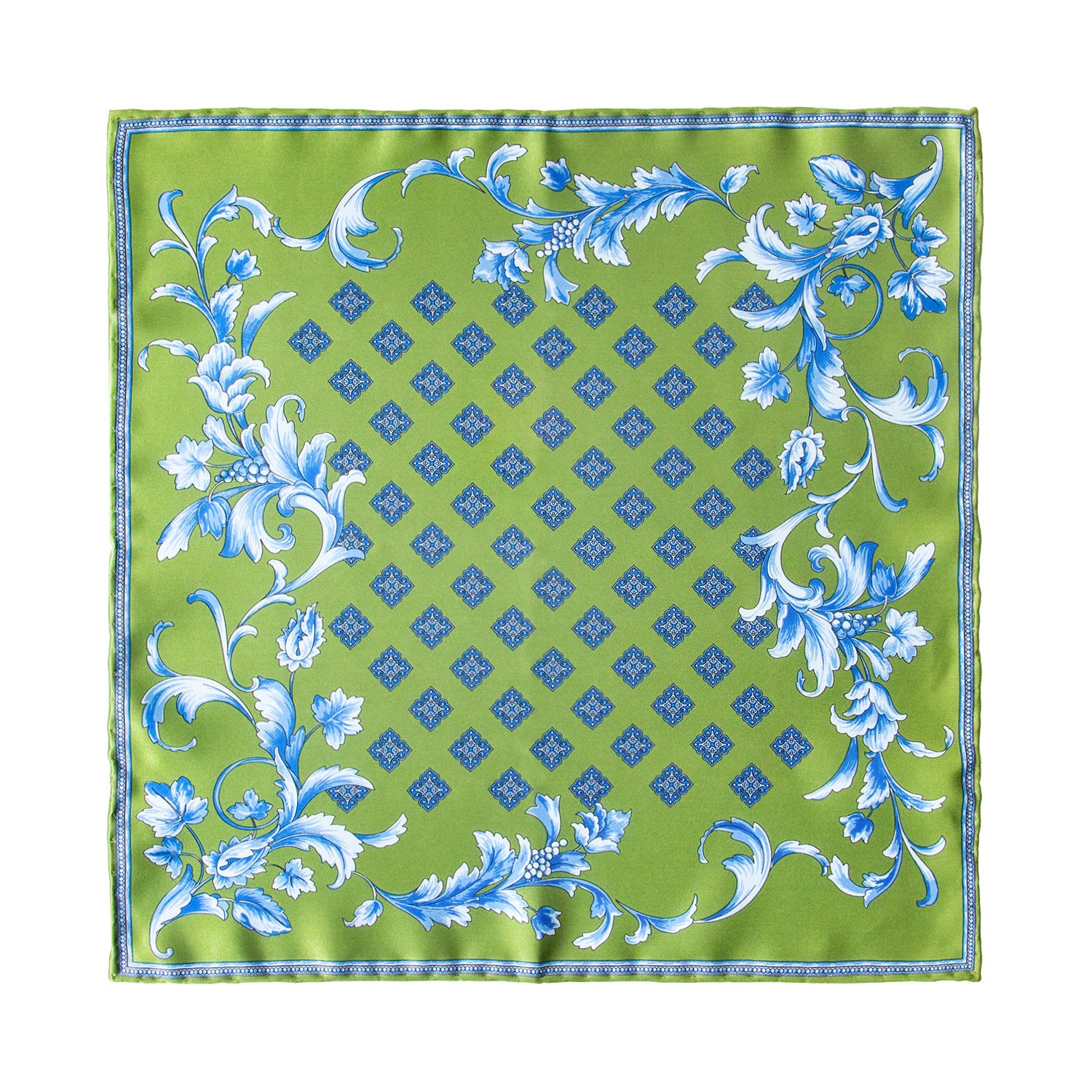 CORBATA EN SET CON PAÑUELO DE SEDA VERDE CON CUADROS AZUL CIELO