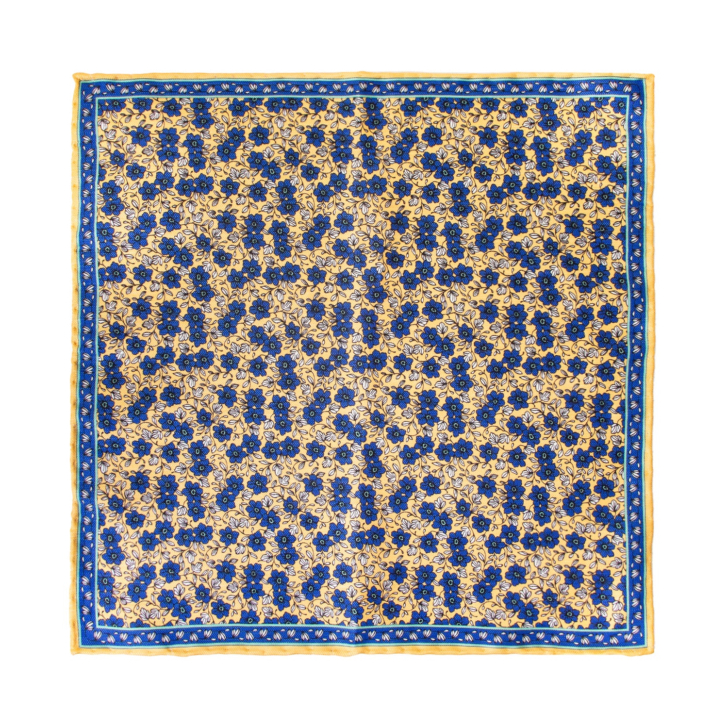 CORBATA EN SET CON PAÑUELO DE SEDA CON CUADROS AZULES Y PUNTOS ESMERALDA EN ORO