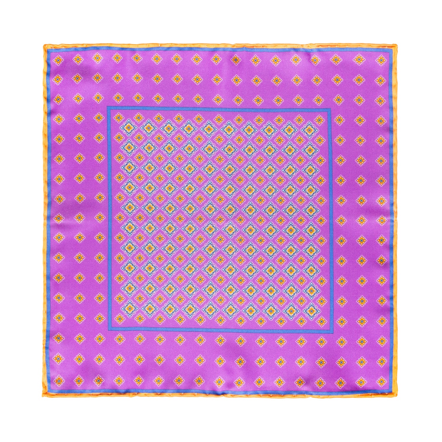 CORBATA EN SET CON PAÑUELO DE SEDA CON DISEÑOS DE CUADROS Y ESTRELLAS NARANJA Y ROSA