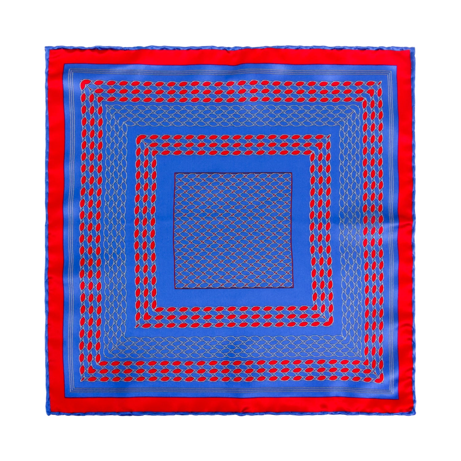 CAJA DE SEDA SET CORBATA CON PAÑUELO DE SEDA CON OVALES EN AZUL Y ROJO