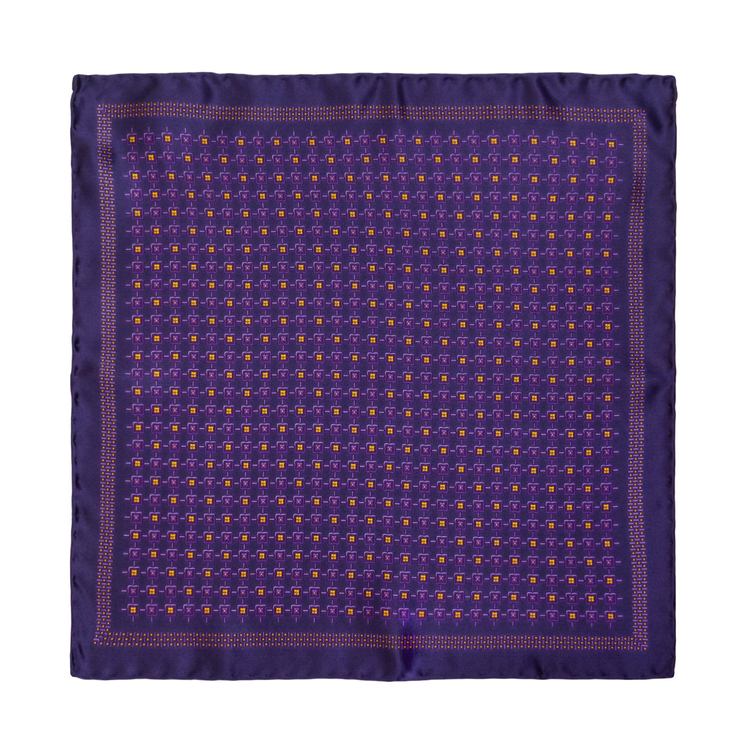 CORBATA EN SET CON PAÑUELO DE SEDA CON DIBUJOS GEOMÉTRICOS DE AZUL MARINO Y MORADO