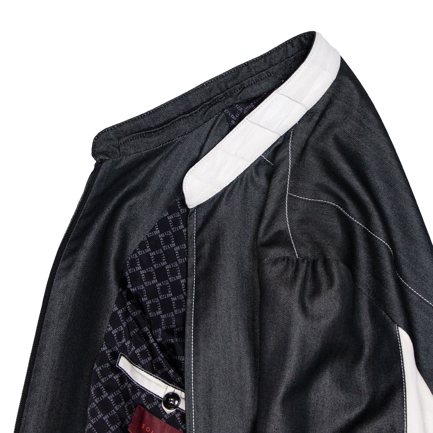 CHAMARRA CORTA ESTILO BOMBER EN SEDA GRIS CON CUELLO DESMONTABLE Y ACABADOS EN PIEL EXÓTICA DE COCODRILO BLANCO