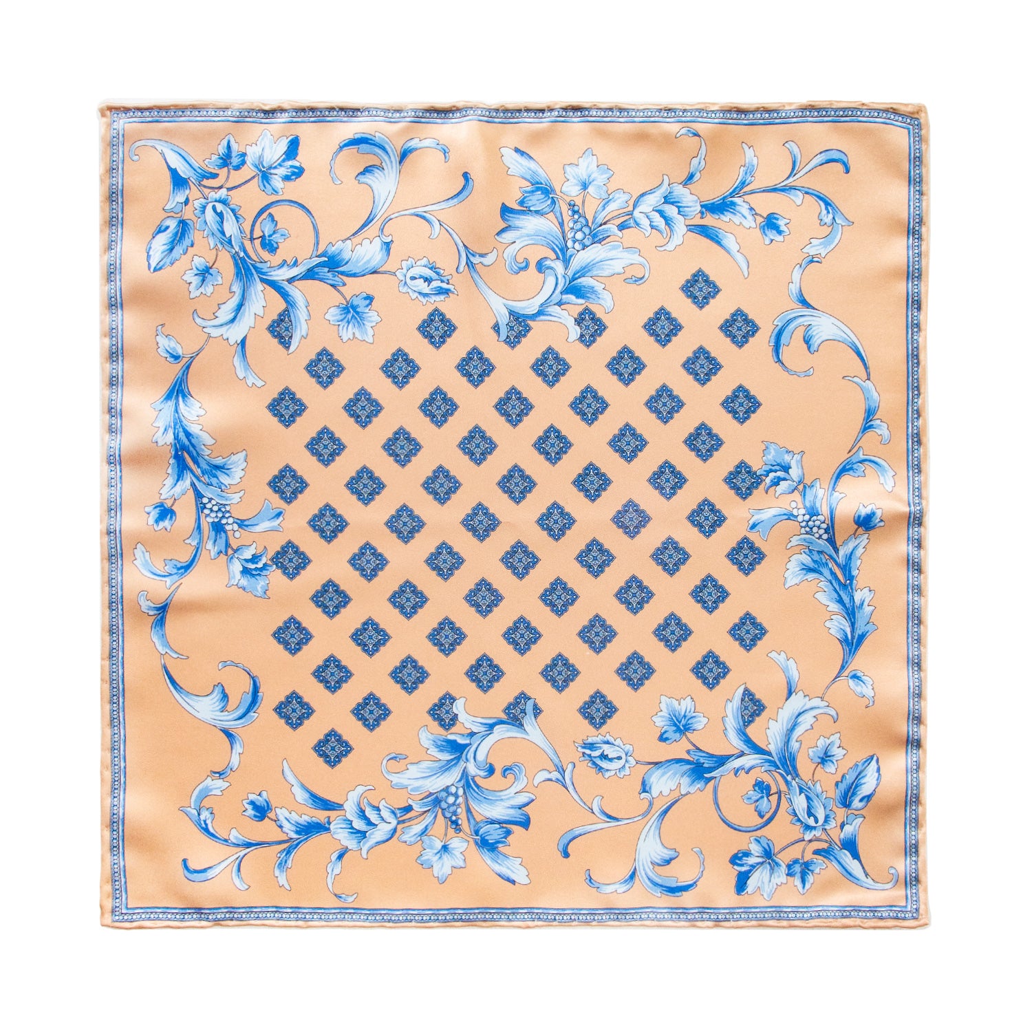 CORBATA EN SET CON PAÑUELO DE SEDA BEIGE CON CUADROS AZUL