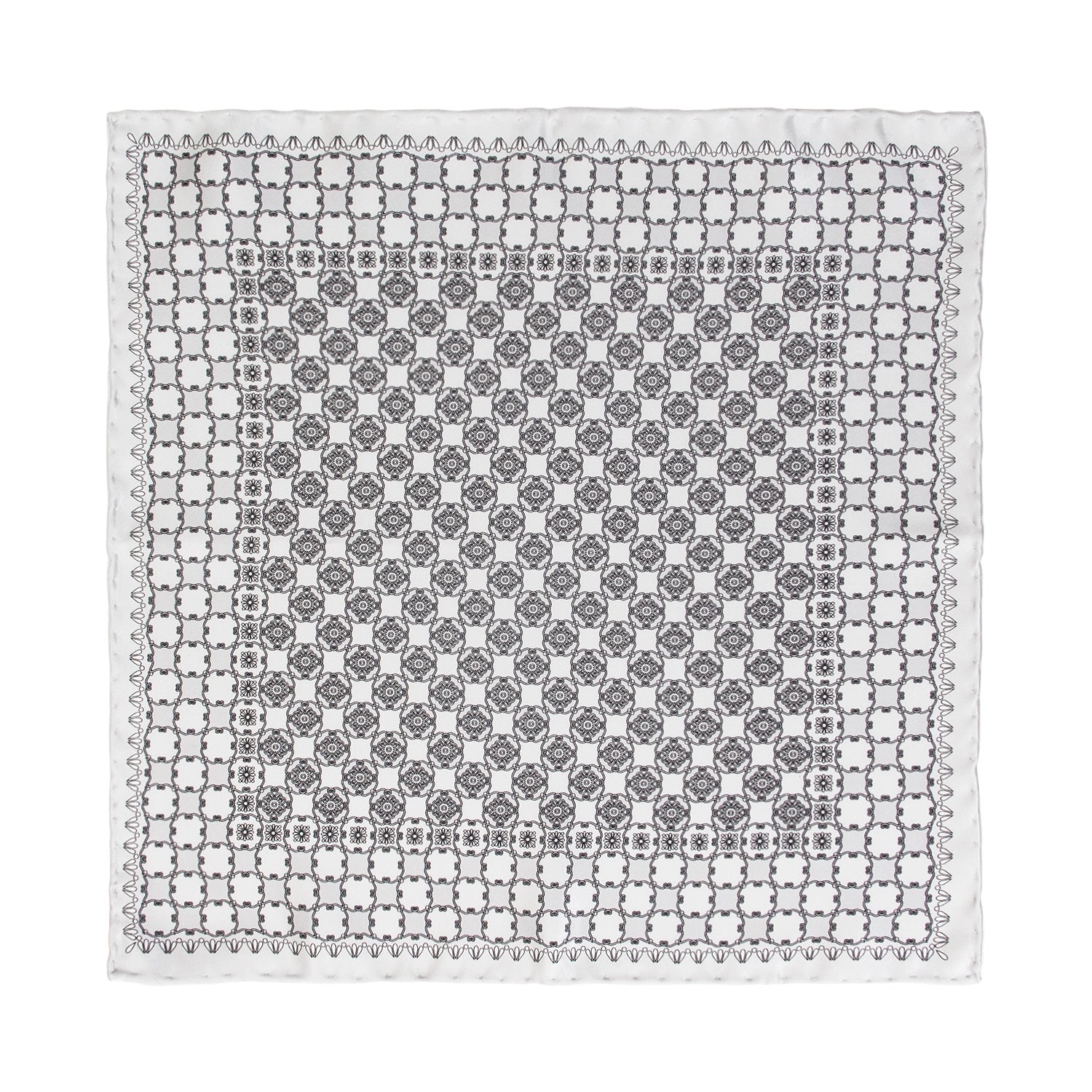 CORBATA EN SET CON PAÑUELO DE SEDA CON DIBUJOS GEOMÉTRICOS EN GRIS Y PLATA