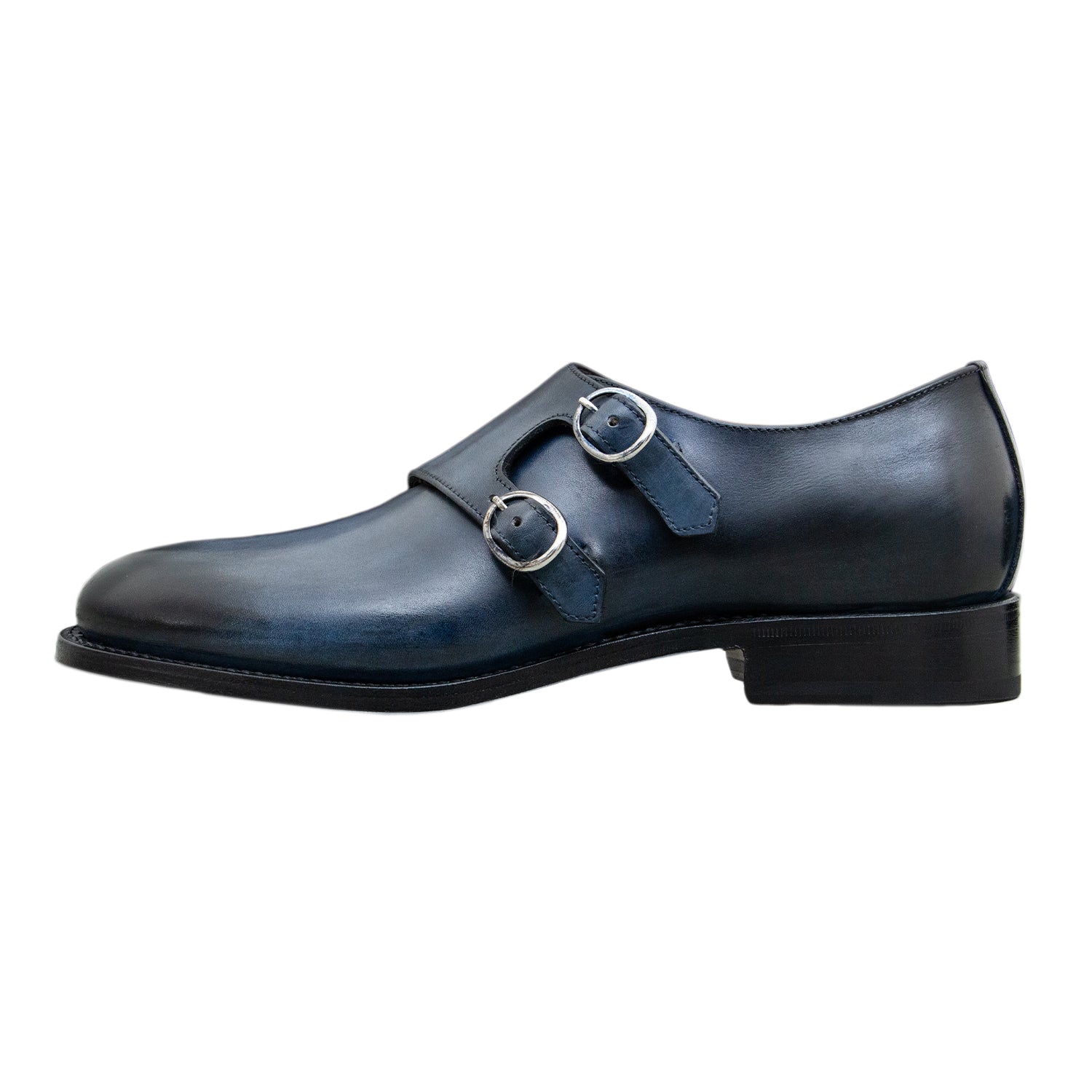 ZAPATO DOUBLE MONK ESTILO "BROGUE" EN CUERO CON PATINA A MANO EN COLOR AZUL