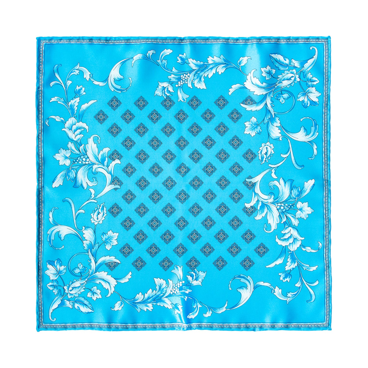 CORBATA EN SET CON PAÑUELO DE SEDA AZUL CLARO CON CUADROS TURQUESA