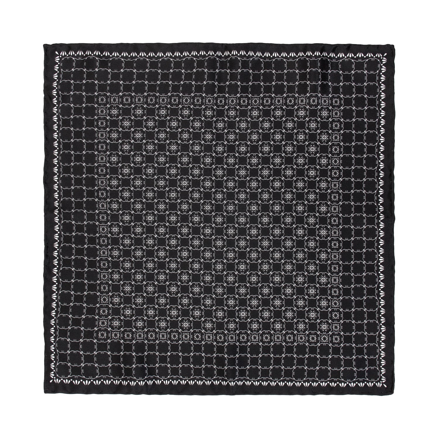 CORBATA EN SET CON PAÑUELO DE SEDA CON DIBUJOS GEOMÉTRICOS EN NEGRO Y GRIS