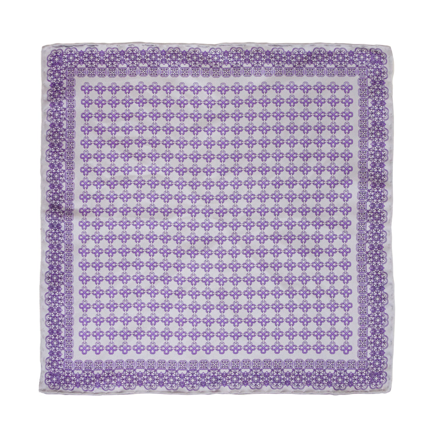 CORBATA EN SET CON PAÑUELO DE SEDA CON DIBUJOS GEOMÉTRICOS EN GRIS CLARO Y MORADO