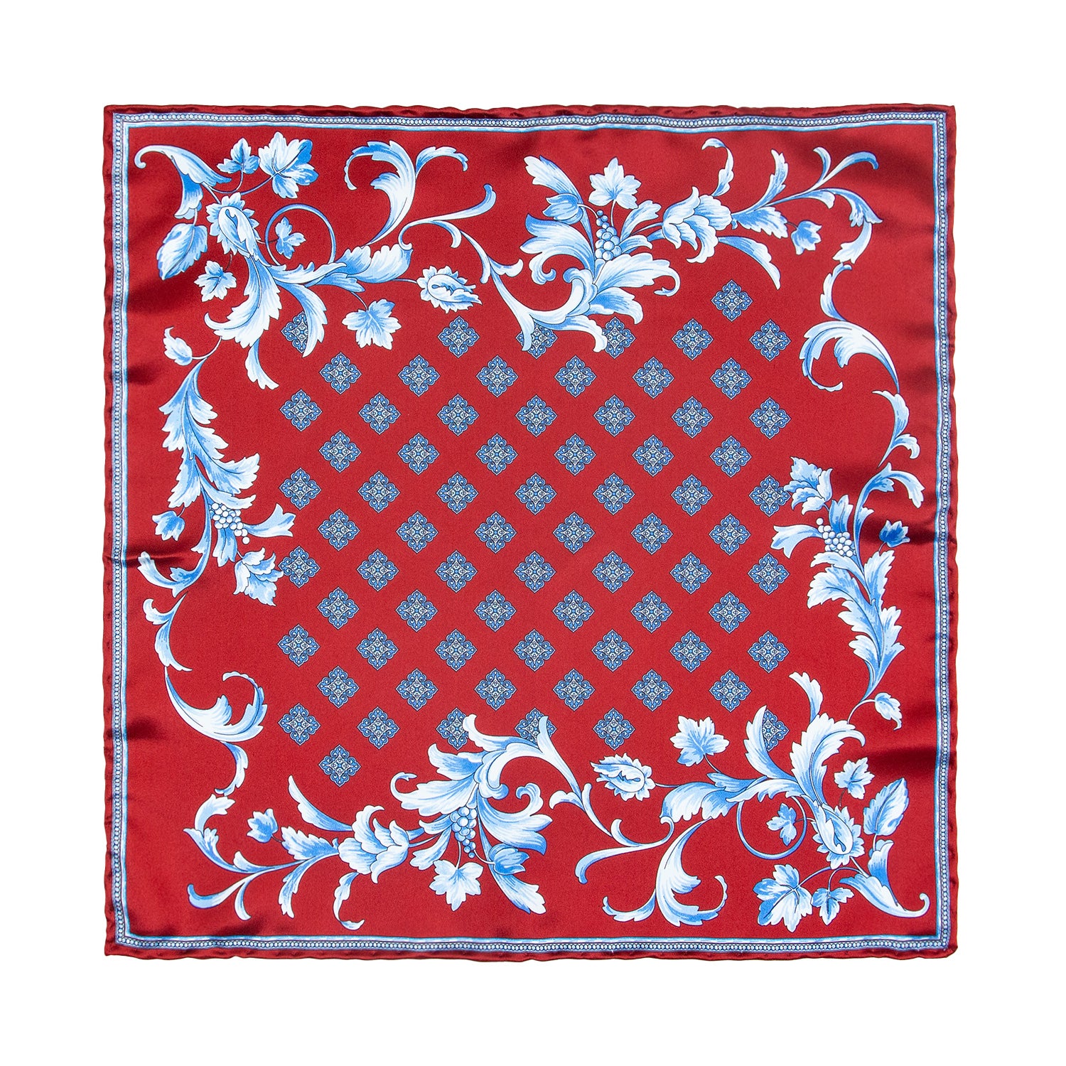 CORBATA EN SET CON PAÑUELO BORDEAUX CON CUADROS AZUL CIELO