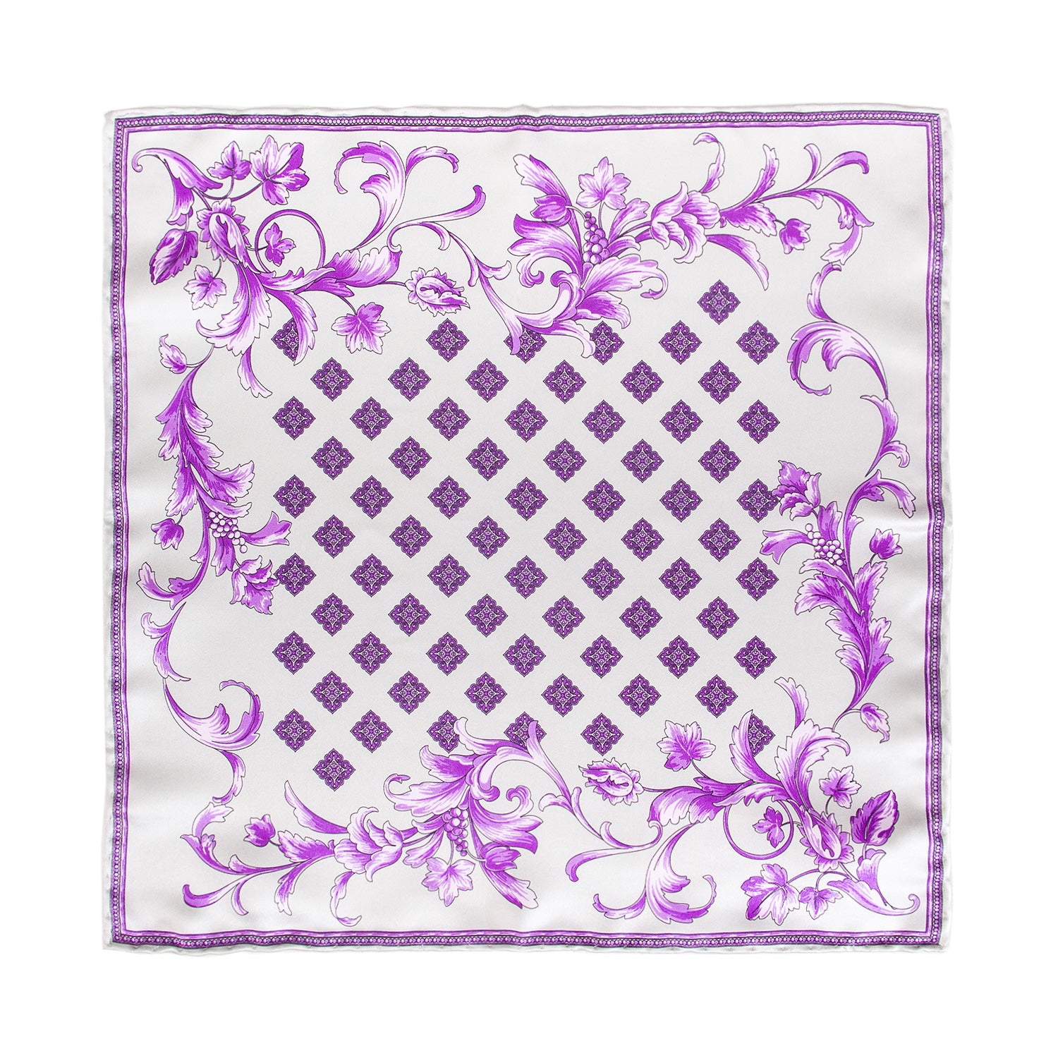 CORBATA EN SET CON PAÑUELO DE SEDA GRIS CLARO CON CUADROS MORADOS