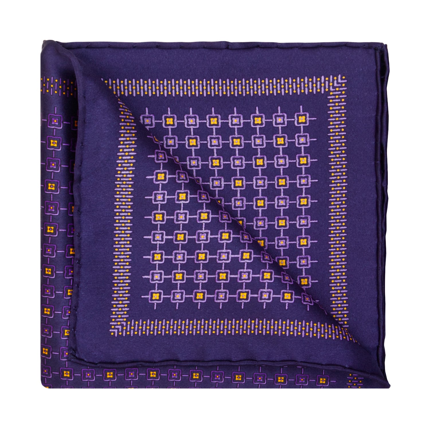 CORBATA EN SET CON PAÑUELO DE SEDA CON DIBUJOS GEOMÉTRICOS DE AZUL MARINO Y MORADO