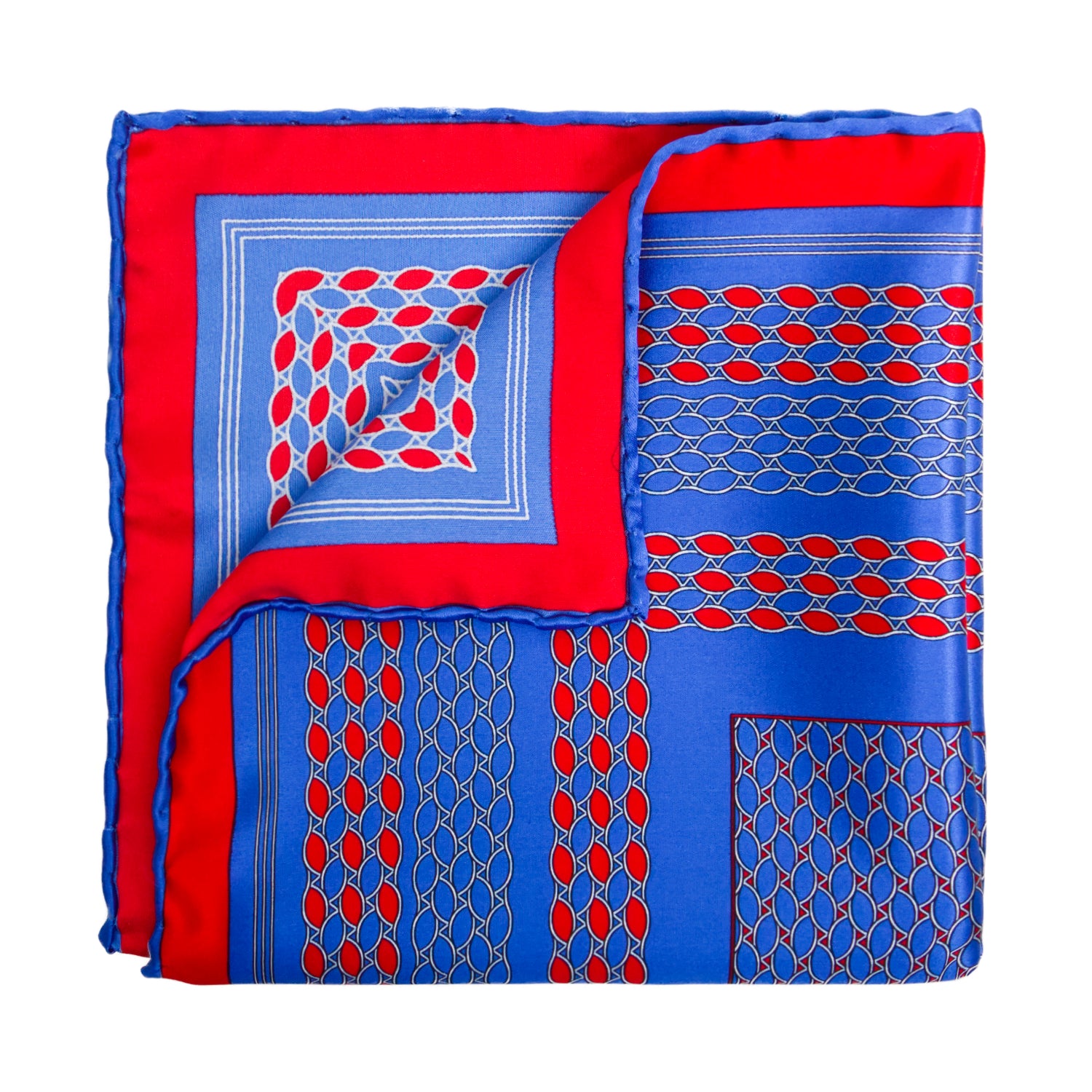 CAJA DE SEDA SET CORBATA CON PAÑUELO DE SEDA CON OVALES EN AZUL Y ROJO