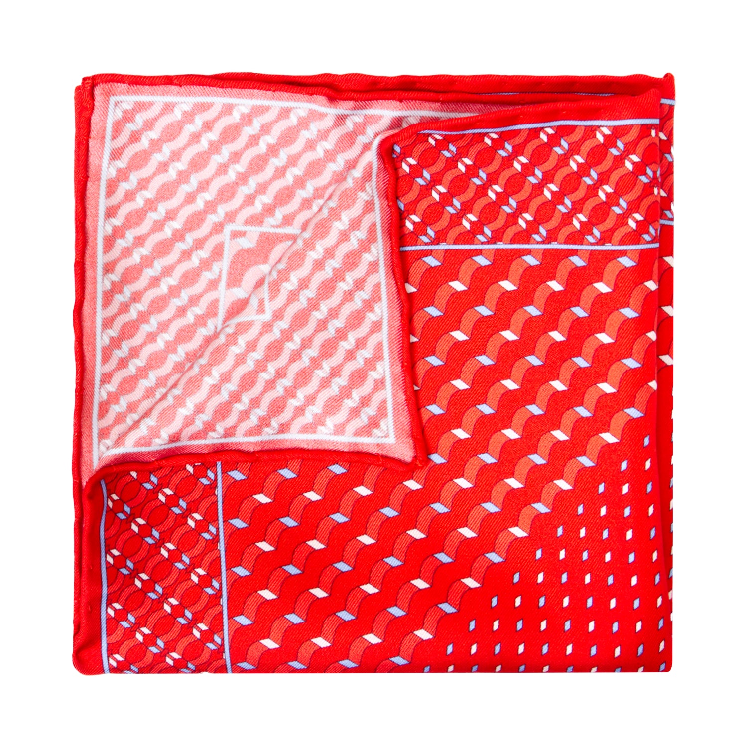 CAJA DE SEDA SET CORBATA CON PAÑUELO DE SEDA CON PUNTOS BLANCOS Y AZUL CLARO EN ROJO