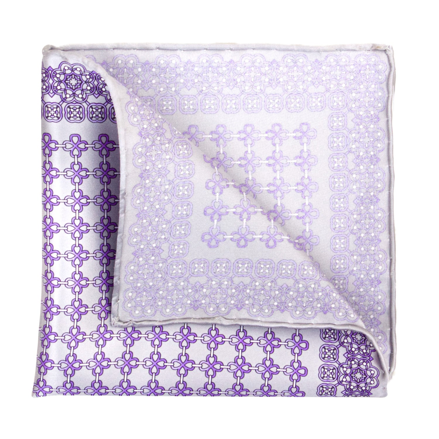 CORBATA EN SET CON PAÑUELO DE SEDA CON DIBUJOS GEOMÉTRICOS EN GRIS CLARO Y MORADO