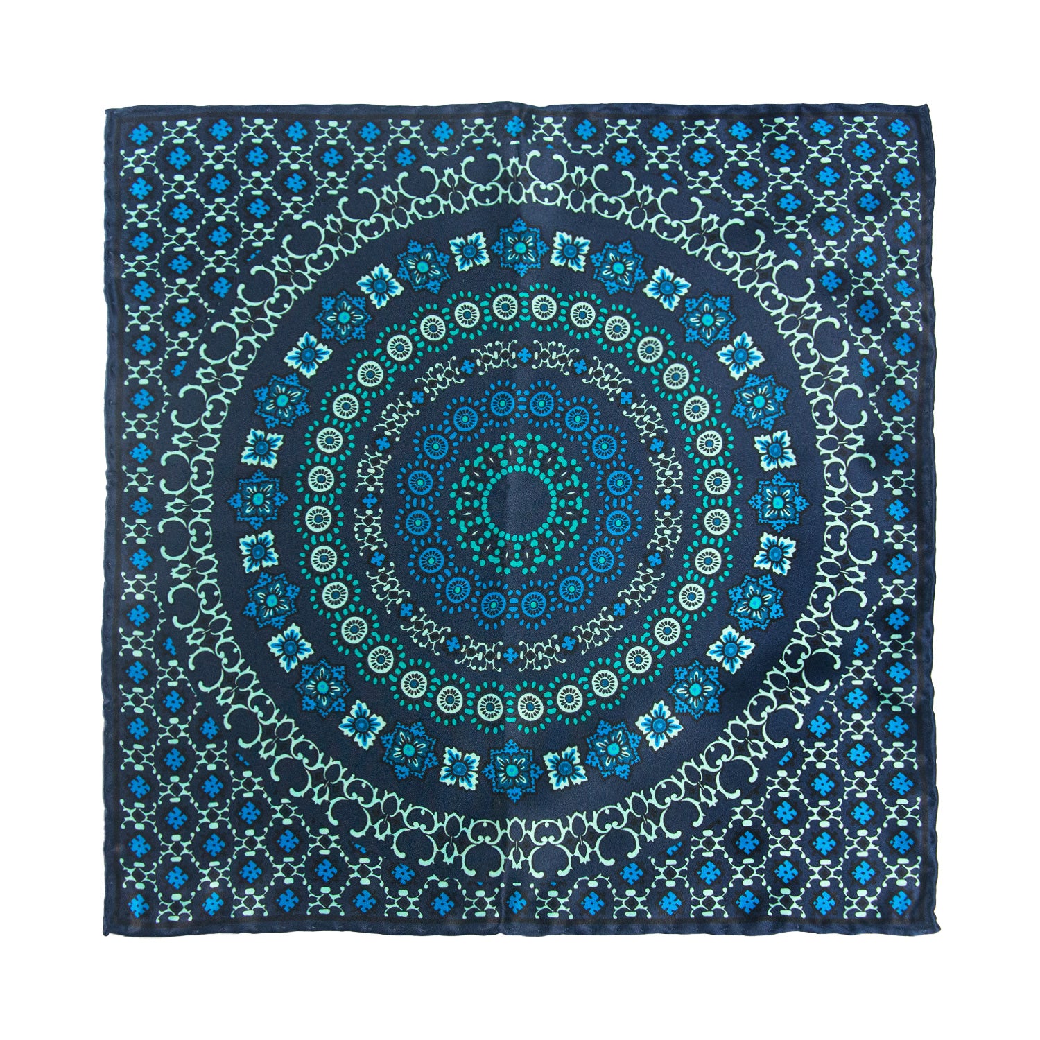 CORBATA EN SET CON PAÑUELO SOLITO FONDO AZUL MARINO CON FLORES TURQUESA CON CAJA 100% SEDA