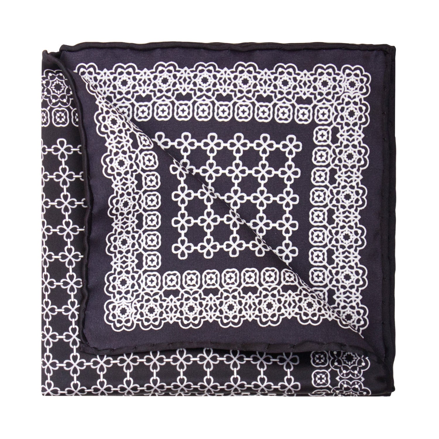 CORBATA EN SET CON PAÑUELO DE SEDA CON DIBUJOS GEOMÉTRICOS DEGRADADOS EN NEGRO Y GRIS