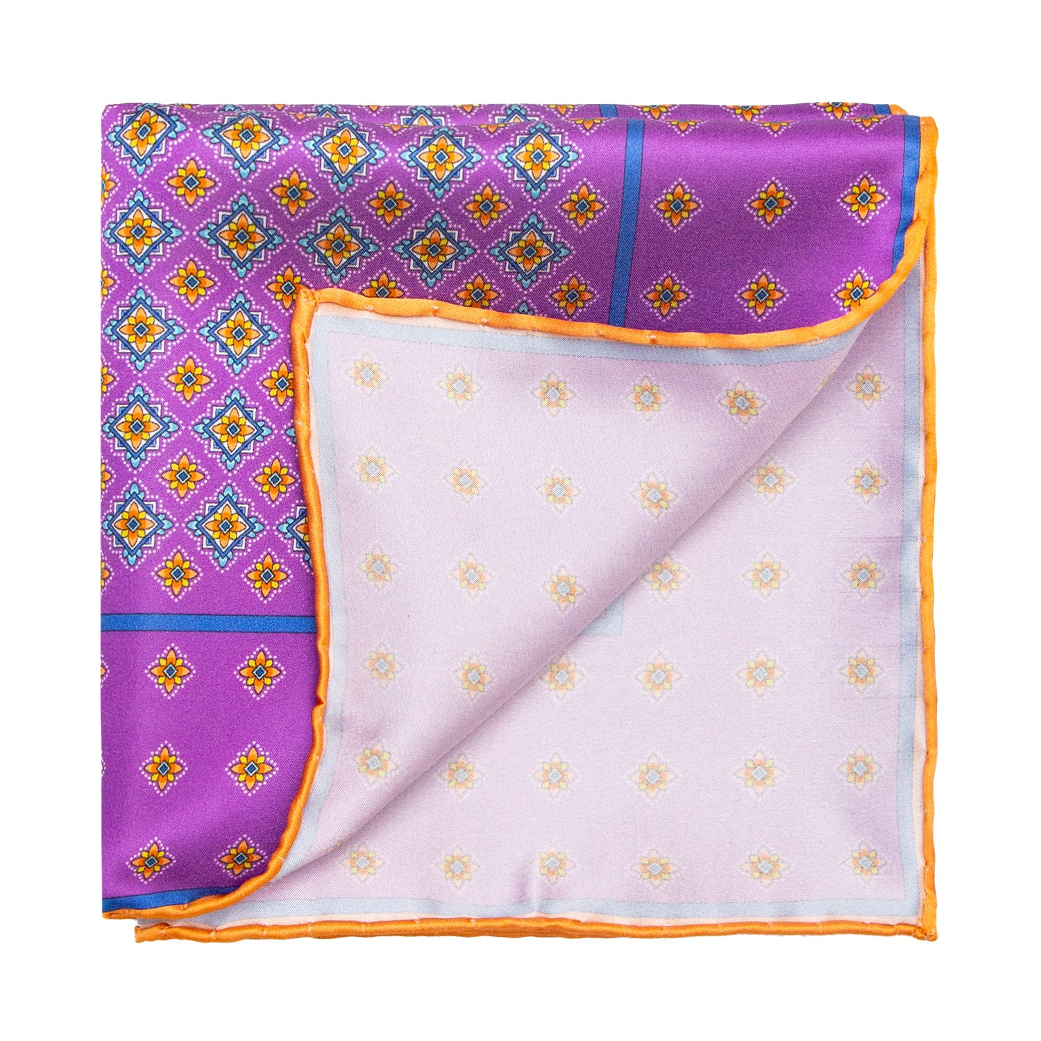 CORBATA EN SET CON PAÑUELO DE SEDA CON DISEÑOS DE CUADROS Y ESTRELLAS NARANJA Y ROSA