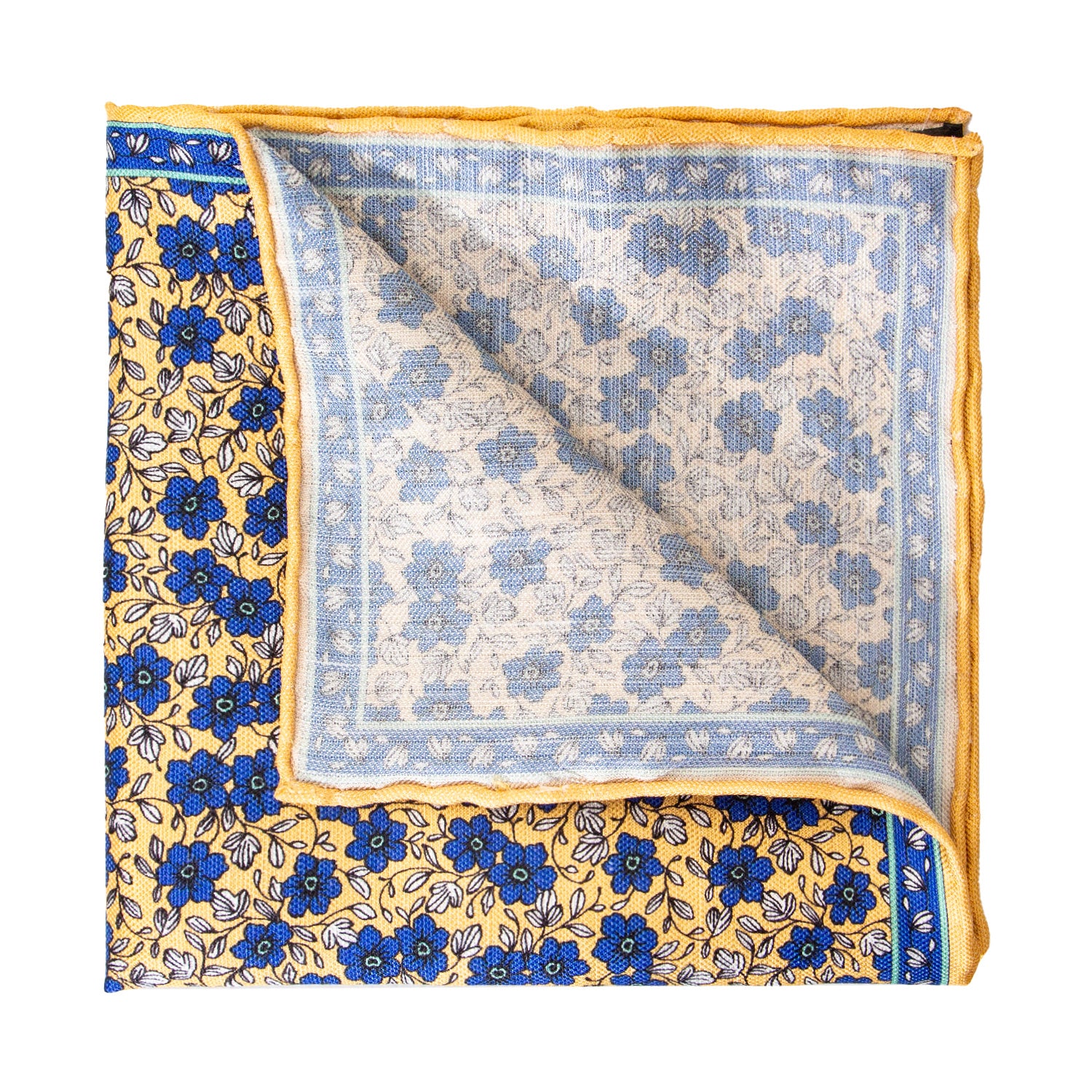 CORBATA EN SET CON PAÑUELO DE SEDA CON CUADROS AZULES Y PUNTOS ESMERALDA EN ORO
